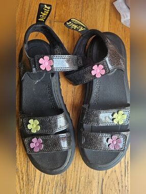 Kids  Dr. MARTENS- Black Glitter Sandals with Pink & Yellow Flower Accents